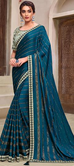 Festive, Party Wear Blue color Saree in Chiffon fabric with Classic Embroidered, Printed, Resham work : 1712005
