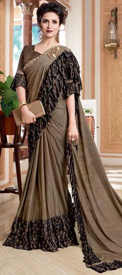 Festive, Party Wear Beige and Brown color Saree in Lycra fabric with Classic, Ruffle Patch work : 1712171