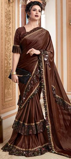 Festive, Party Wear Beige and Brown color Saree in Lycra fabric with Classic, Ruffle Lace work : 1712174