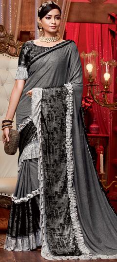 Bollywood Black and Grey color Saree in Lycra fabric with Classic, Ruffle Lace work : 1712183