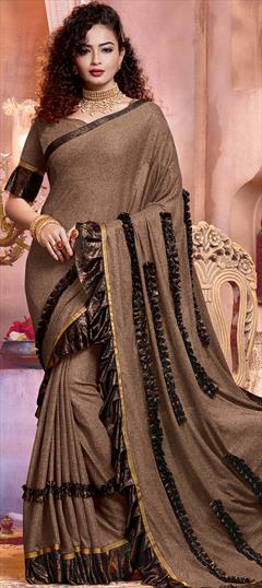 Bollywood Beige and Brown color Saree in Lycra fabric with Classic, Ruffle Lace work : 1712185