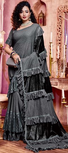 Bollywood Black and Grey color Saree in Lycra fabric with Classic, Ruffle Lace work : 1712187