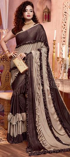 Bollywood Beige and Brown color Saree in Lycra fabric with Classic, Ruffle Lace work : 1712189