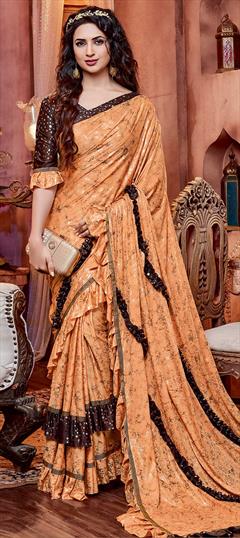 Bollywood Orange color Saree in Lycra fabric with Classic, Ruffle Lace work : 1712191