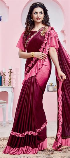 Festive, Party Wear Pink and Majenta color Saree in Lycra fabric with Classic, Ruffle Patch work : 1712198