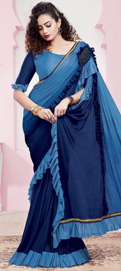 Festive, Party Wear Blue color Saree in Lycra fabric with Classic, Ruffle Patch work : 1712200