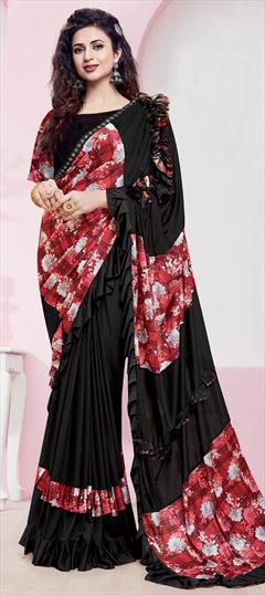 Festive, Party Wear Black and Grey color Saree in Lycra fabric with Classic, Ruffle Lace work : 1712201