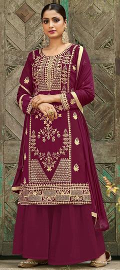 Festive, Party Wear Red and Maroon color Salwar Kameez in Faux Georgette fabric with Palazzo Embroidered, Thread, Zari work : 1712900