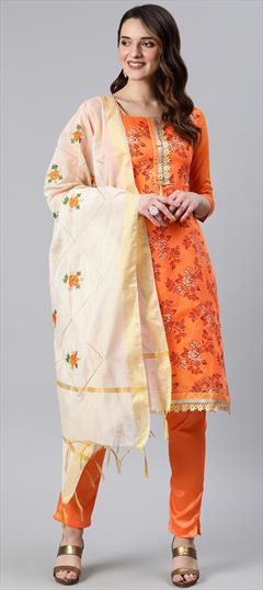 Party Wear Orange color Salwar Kameez in Art Silk fabric with Straight Embroidered, Printed work : 1712921
