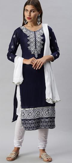 Party Wear Blue color Salwar Kameez in Cotton fabric with Churidar Embroidered work : 1712939