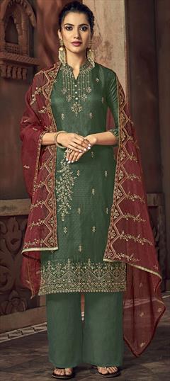 Party Wear Green color Salwar Kameez in Art Silk, Silk fabric with Palazzo Embroidered, Stone, Thread work : 1713317