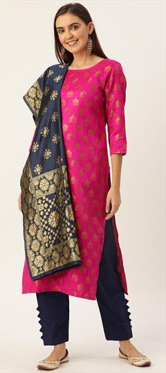 Casual Pink and Majenta color Salwar Kameez in Jacquard fabric with Straight Weaving work : 1713557