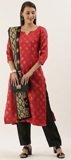 Casual Red and Maroon color Salwar Kameez in Jacquard fabric with Straight Weaving work : 1713559