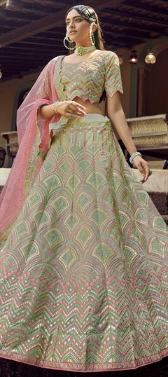 Festive, Wedding Green color Lehenga in Organza Silk fabric with A Line Gota Patti, Resham work : 1713903