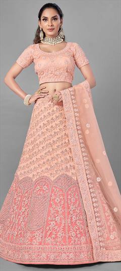 Festive, Wedding Pink and Majenta color Lehenga in Net fabric with A Line Resham, Zircon work : 1714017