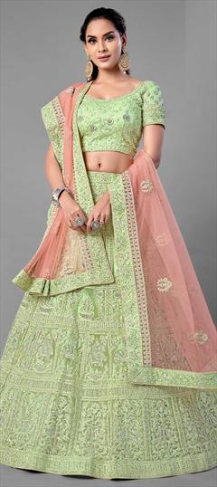 Festive, Wedding Green color Lehenga in Net fabric with A Line Resham, Zari, Zircon work : 1714024