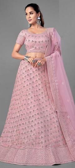 Festive, Wedding Pink and Majenta color Lehenga in Net fabric with A Line Resham, Zircon work : 1714025