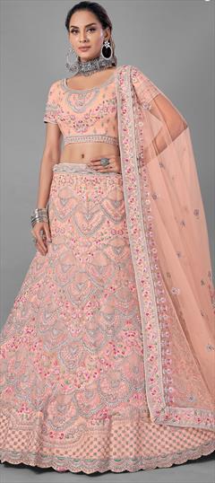 Festive, Wedding Pink and Majenta color Lehenga in Net fabric with A Line Resham, Thread, Zircon work : 1714028