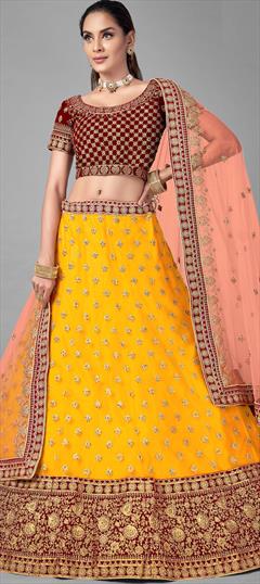 Festive, Wedding Yellow color Lehenga in Net, Velvet fabric with A Line Resham, Zircon work : 1714032