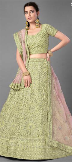 Festive, Wedding Green color Lehenga in Art Silk fabric with A Line Embroidered, Sequence, Thread work : 1714058