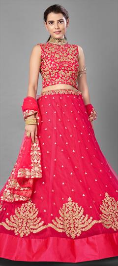 Festive, Wedding Pink and Majenta color Lehenga in Net fabric with A Line Embroidered, Resham, Thread work : 1714061