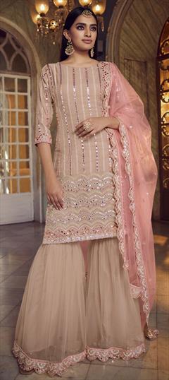 Festive, Party Wear Pink and Majenta color Salwar Kameez in Organza Silk fabric with Sharara Mirror, Thread work : 1714665