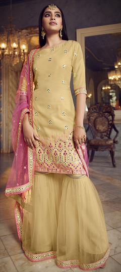 Festive, Party Wear Beige and Brown color Salwar Kameez in Organza Silk fabric with Sharara Mirror, Thread work : 1714666