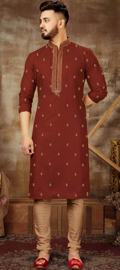 Beige and Brown color Kurta Pyjamas in Poly Silk fabric with Embroidered, Resham work : 1715522