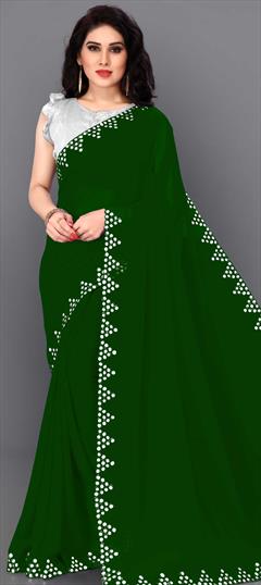 Party Wear Green color Saree in Faux Georgette fabric with Classic Mirror work : 1715821