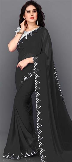 Party Wear Black and Grey color Saree in Faux Georgette fabric with Classic Mirror work : 1715823