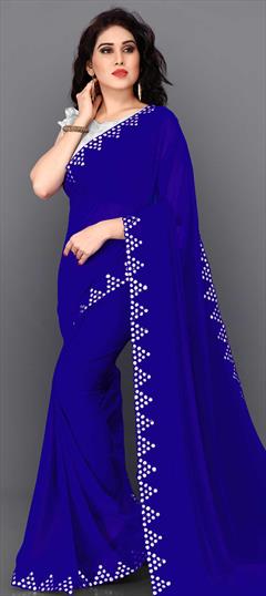 Party Wear Blue color Saree in Georgette fabric with Classic Mirror work : 1715832