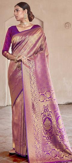 Traditional Purple and Violet color Saree in Handloom fabric with Bengali Weaving work : 1716341