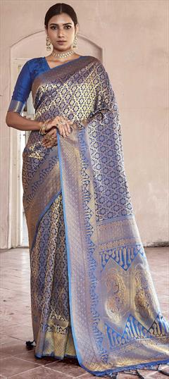 Traditional Blue color Saree in Handloom fabric with Bengali Weaving work : 1716344