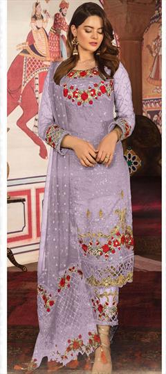 Festive, Party Wear Purple and Violet color Salwar Kameez in Faux Georgette fabric with Straight Embroidered, Sequence, Thread work : 1716525