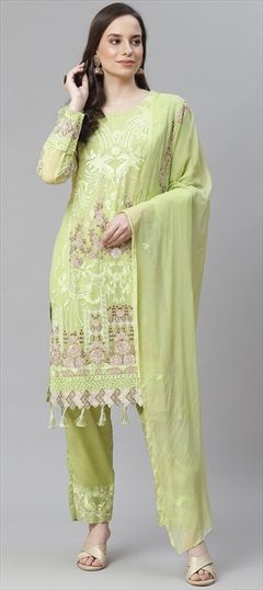 Festive, Reception Green color Salwar Kameez in Faux Georgette fabric with Straight Embroidered, Resham, Thread work : 1716594