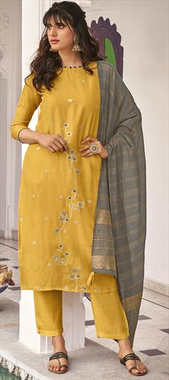 Party Wear Yellow color Salwar Kameez in Viscose fabric with Straight Bugle Beads, Thread, Weaving work : 1716596