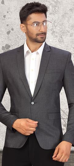 Black and Grey color Blazer in Linen fabric with Thread work : 1717569