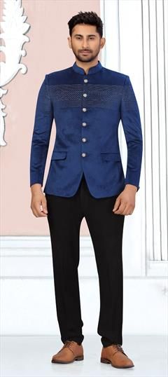 Blue color Jodhpuri Suit in Velvet fabric with Thread work : 1717582