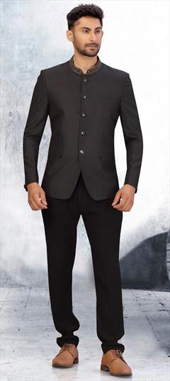 Black and Grey color Jodhpuri Suit in Linen fabric with Thread work : 1717586