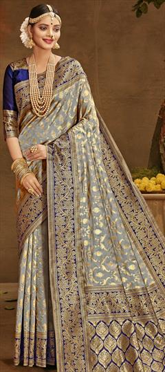 Traditional Black and Grey, Blue color Saree in Banarasi Silk, Silk fabric with South Weaving work : 1717835