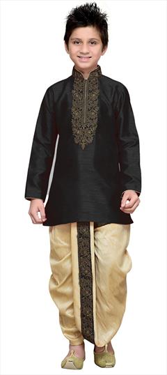 Black and Grey color Boys Dhoti Kurta in Dupion Silk fabric with Embroidered, Thread work : 1718271