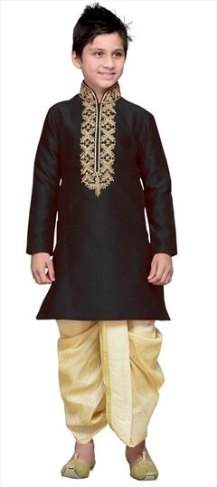 Black and Grey color Boys Dhoti Kurta in Dupion Silk fabric with Embroidered, Thread work : 1718272