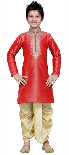 Red and Maroon color Boys Kurta Pyjama in Dupion Silk fabric with Embroidered, Thread work : 1718274