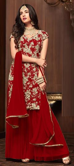 Bollywood Red and Maroon color Salwar Kameez in Net fabric with Palazzo Embroidered, Moti, Stone work : 1718822
