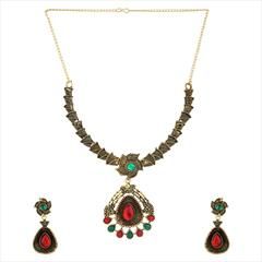 Green, Red and Maroon color Necklace in Metal Alloy studded with CZ Diamond & Gold Rodium Polish : 1718893