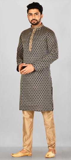 Black and Grey color Kurta Pyjamas in Jacquard fabric with Embroidered, Thread work : 1719177
