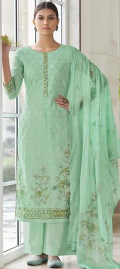 Party Wear Blue color Salwar Kameez in Cotton fabric with Palazzo Digital Print, Floral, Thread work : 1719339