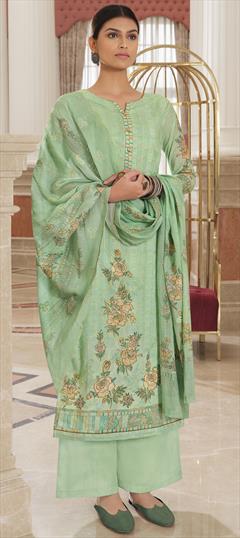 Party Wear Green color Salwar Kameez in Cotton fabric with Palazzo Digital Print, Floral, Thread work : 1719346
