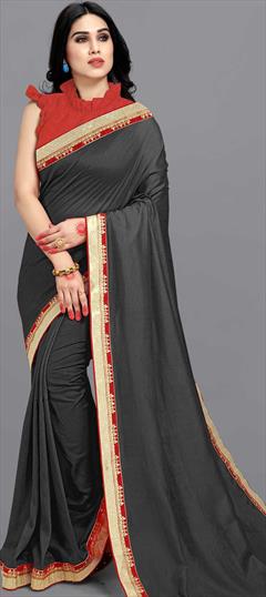 Traditional Black and Grey color Saree in Art Silk, Silk fabric with South Lace work : 1720012