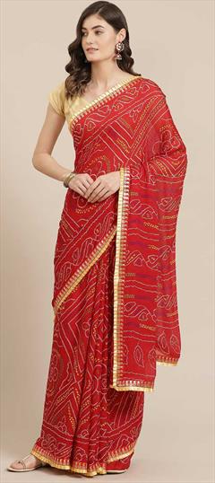 Festive, Party Wear Red and Maroon color Saree in Georgette fabric with Classic Bandhej, Gota Patti work : 1720113
